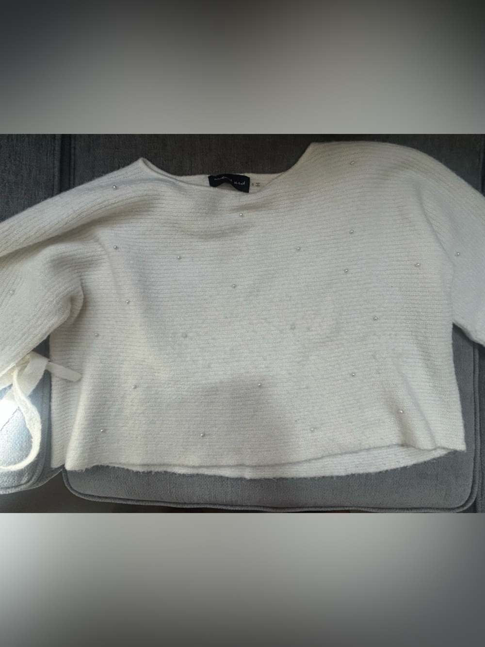 Mustard Seed White Knit Skirt with Pearl Stud Details